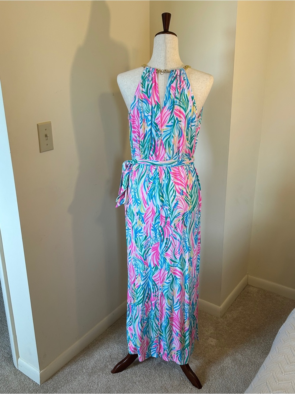 NWT SZ 8 Lilly Pullitzer Tropical Halter Maxi Dress in Pink, Teal & White - Picture 3 of 8